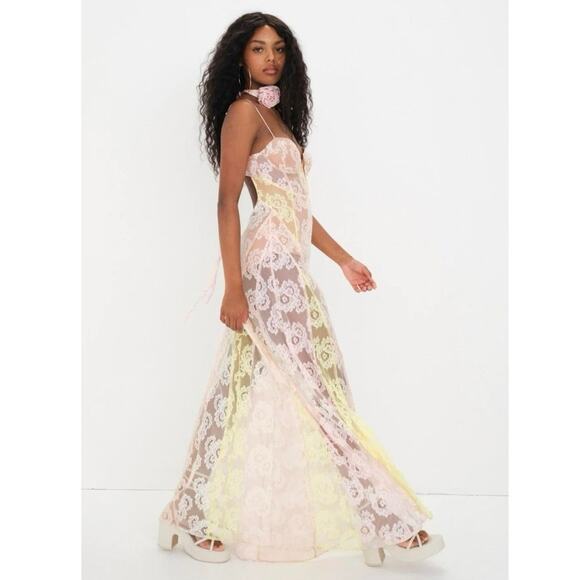 For Love & Lemons NWT Blossom Ombré Pink Yellow Lace Maxi Dress size Medium - Picture 6 of 16